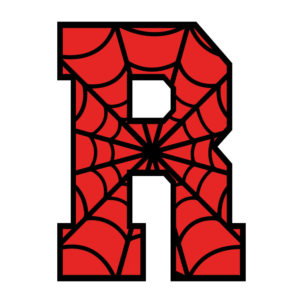 red, black, spider web, alphabet letter, geometric pattern, radial design, fabric panel, quilting cotton, superhero theme, comic book style, children's fabric, novelty print, applique design, craft material, sewing project, letter r, web pattern, bright colors, cotton fabric, decorative panel