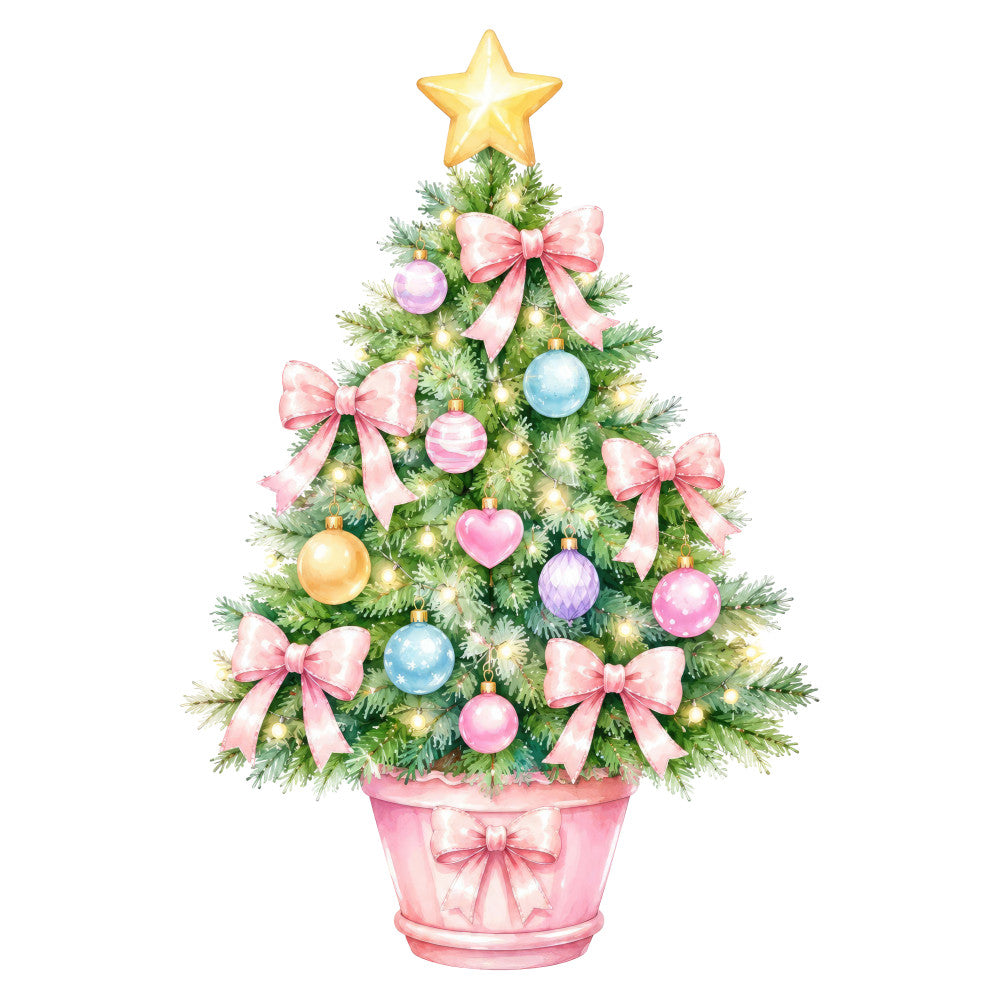 christmas tree, holiday, festive, gold star, pink bows, pastel pink, soft green, sage green, gold accents, warm white, light blue, lavender, heart ornaments, baubles, tree decorations, elegant, whimsical, traditional, christmas, seasonal, winter, potted tree, ornament motifs, ribbon bows, decorative, festive decor, classic holiday, timeless, nostalgic