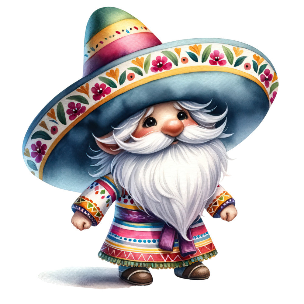 mexican gnome, sombrero, floral patterns, white beard, colorful stripes, turquoise blue, magenta pink, orange flowers, folk art style, festive character, fabric panel, quilting cotton, whimsical illustration, cultural theme, bright colors, decorative motifs, cartoon style, cheerful mood, textile design, craft fabric