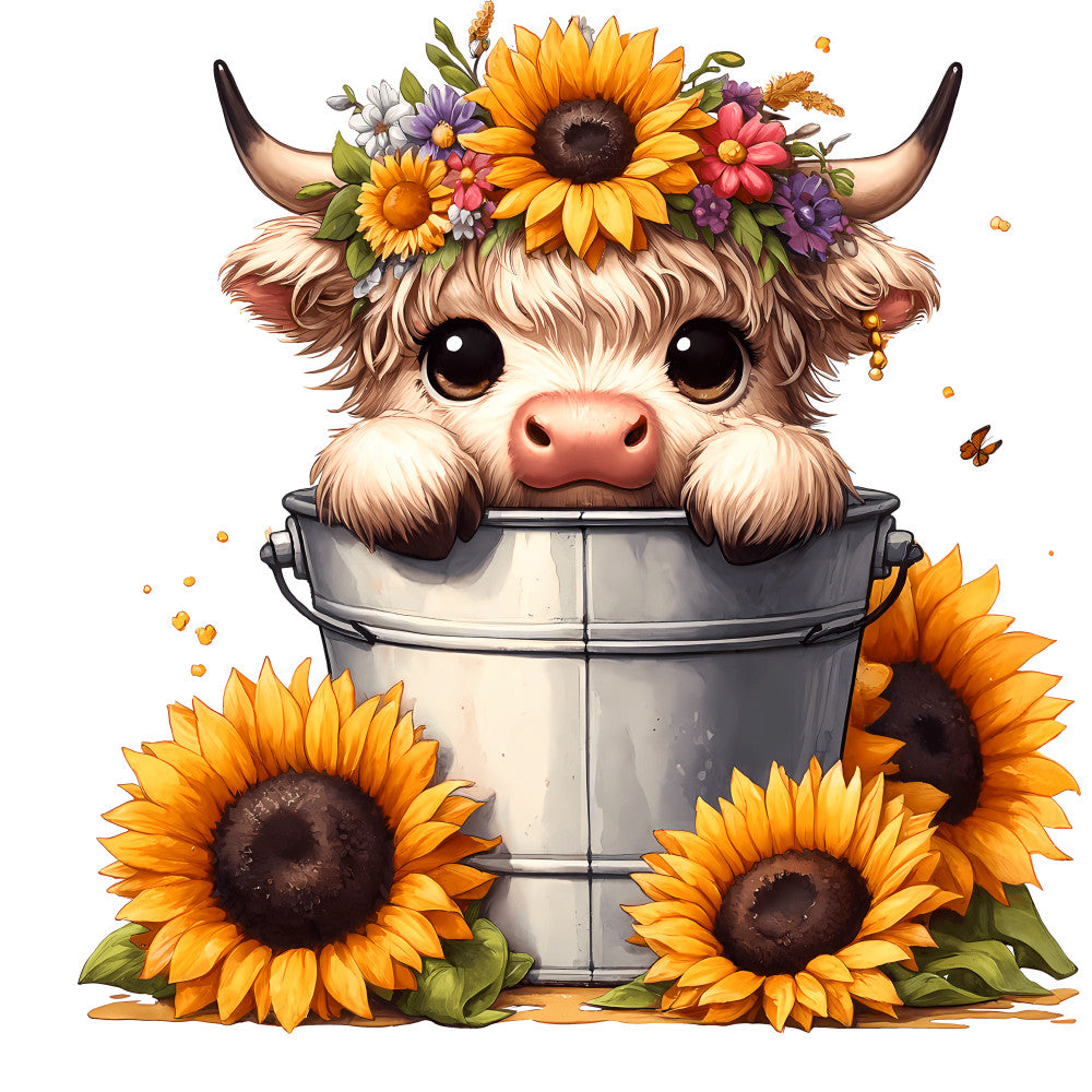 Cute Highland Cows in Buckets Fabric Panel 6 featuring an adorable cow with a flower crown and sunflowers in a metal bucket.