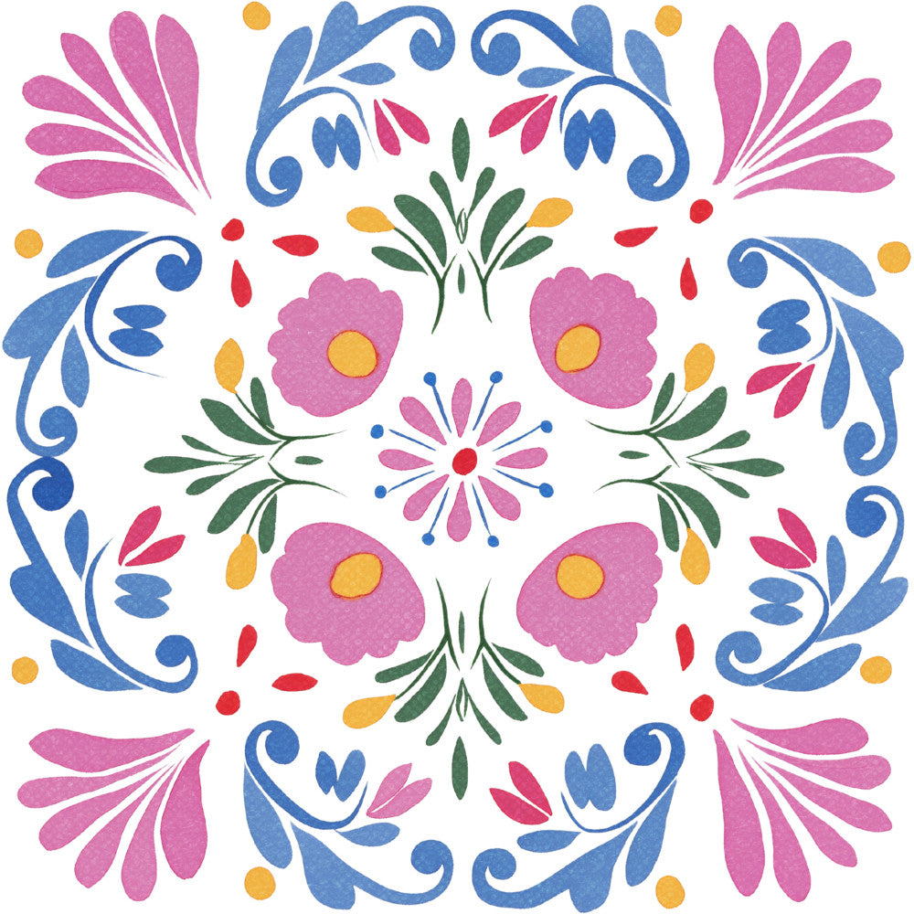 folk art, floral, symmetrical, magenta pink, cornflower blue, golden yellow, forest green, red, ornamental, traditional, bohemian, whimsical, decorative, daisy, flowers with yellow centers, scrollwork, filigree, mexican inspired, tile pattern, geometric florals, spring, summer, nature, botanical, vibrant colors, retro, vintage style, folk design, medallion pattern, multi-colored