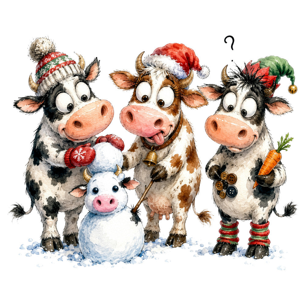 christmas, holiday, winter, cows, cattle, farm animals, farmhouse, whimsical, cute, playful, festive, red, white, cream, brown, tan, green, gold, snowman, snow, bells, carrot, buttons, knit hats, santa hats, mittens, stockings, cheerful, jolly, rustic