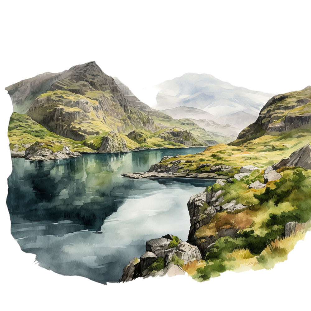 mountain landscape, alpine scenery, turquoise lake, misty peaks, moss green, sage green, slate gray, teal blue, watercolor, scenic, nature, hiking, outdoor adventure, pastoral, ethereal, mist, reflection, rocky terrain, grassland, majestic mountains, serene, tranquil, landscape painting, wall hanging, modern scenic, rustic mountain, cool tones, dramatic landscape