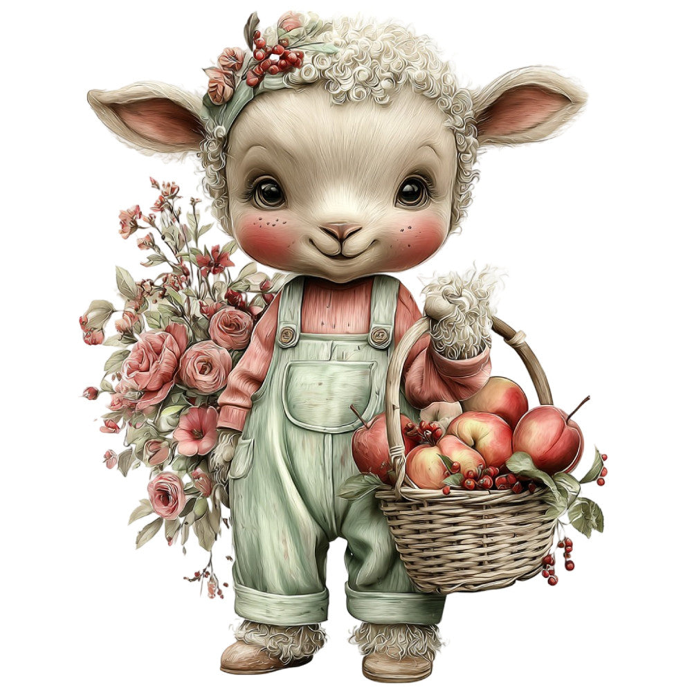 cream lamb, soft white, dusty rose, coral pink, sage green, whimsical animals, farmhouse, pastoral, cute lamb, floral, roses, spring flowers, garden, countryside, vintage style, rustic charm, sweet character, adorable, children's design, baby, nursery, folk art, botanical elements, berries, fruit basket, apples, traditional, storybook, cottage core, nature themed