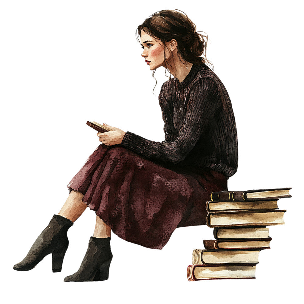 burgundy, maroon, black, brown, watercolor style, woman reading, book lover, literary theme, autumn colors, vintage style, romantic mood, fabric panel, quilting cotton, book stack, cozy atmosphere, seated figure, dark academia, reading nook, scholarly theme, contemplative mood