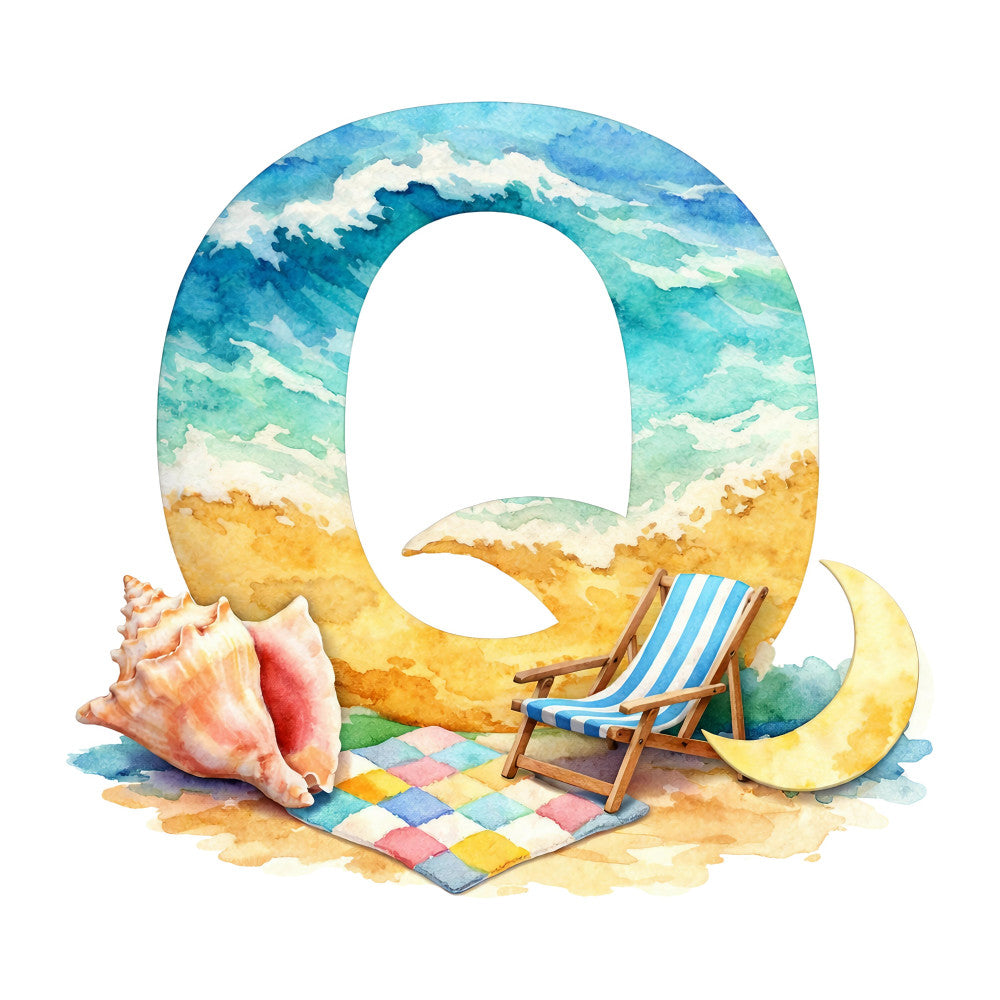 beach scene, ocean waves, sandy beach, seashell, conch shell, beach chair, striped chair, crescent moon, starfish, seascape, coastal, nautical, turquoise blue, aqua, sky blue, golden yellow, coral pink, cream white, watercolor, whimsical, summer, vacation, seaside, tropical, relaxation, dreamy, illustrated, children's, coastal theme