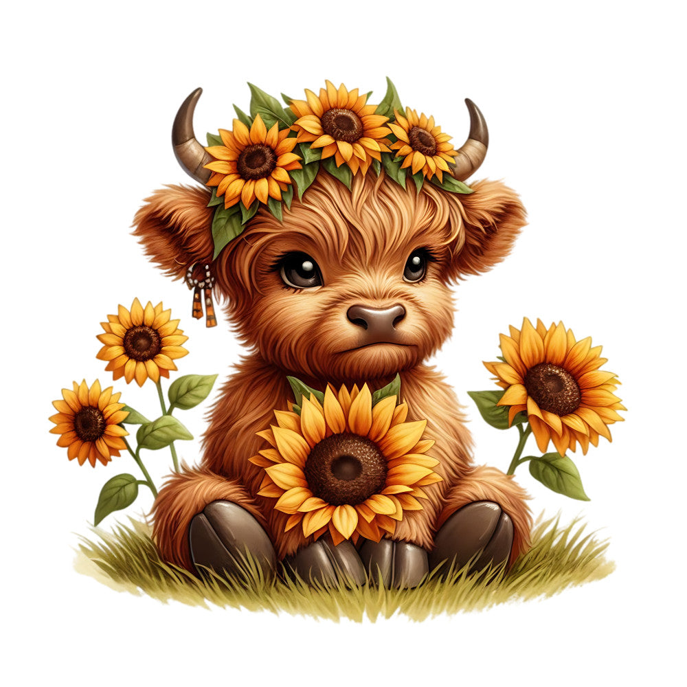 Sunflower Highland Cows Fabric Panel 24 featuring a cute highland cow surrounded by bright sunflowers on premium quilting cotton.