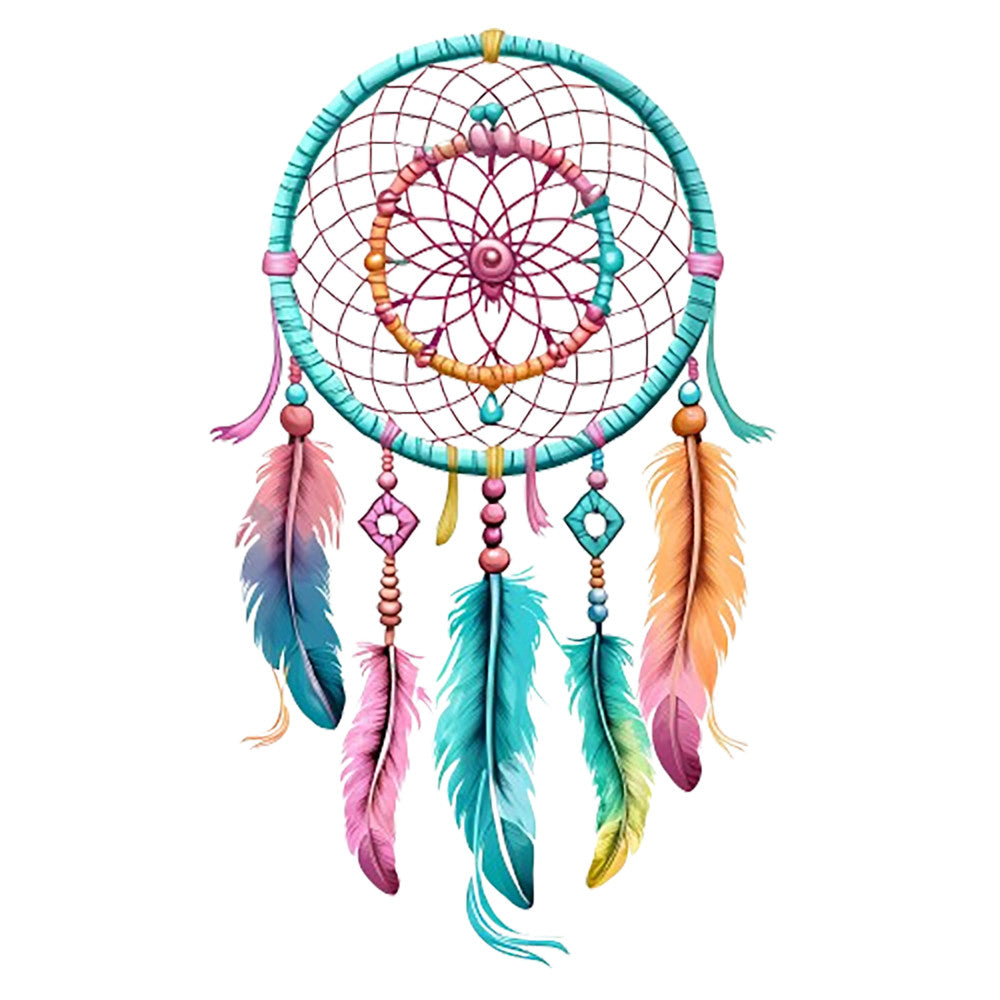 Watercolor Dream Catcher Fabric Panel 1 depicting a detailed, vibrant dream catcher with colorful feathers and beads on white background.