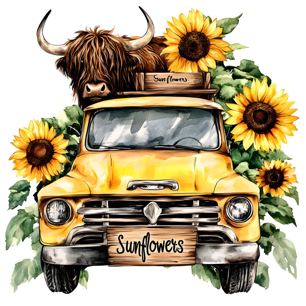 Highland Cows in Vintage Trucks Fabric Panel 7 with a vintage yellow truck carrying a Highland cow and sunflowers in a watercolor style.