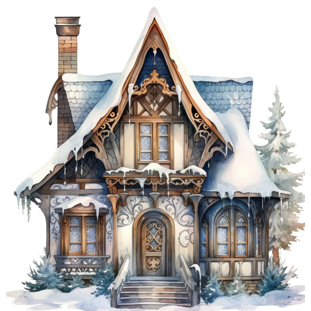 Watercolor Winter Houses Fabric Panel 2