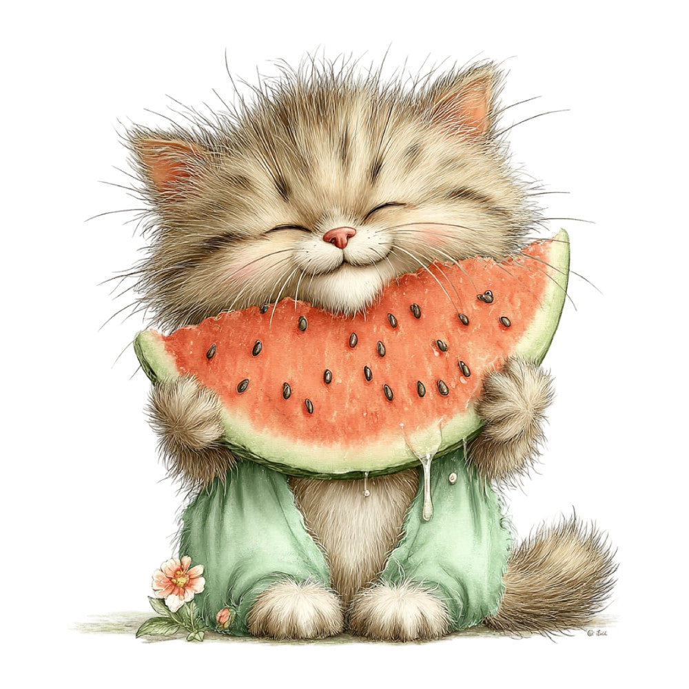 cat, kitten, watermelon, fruit, animals, whimsical, cute, playful, children's, baby, nursery, cream, soft green, coral pink, red, pastel, nature, summer, spring, illustration, storybook, sweet, charming, gentle, adorable, quirky, folk art, country, daisy flower, food themed