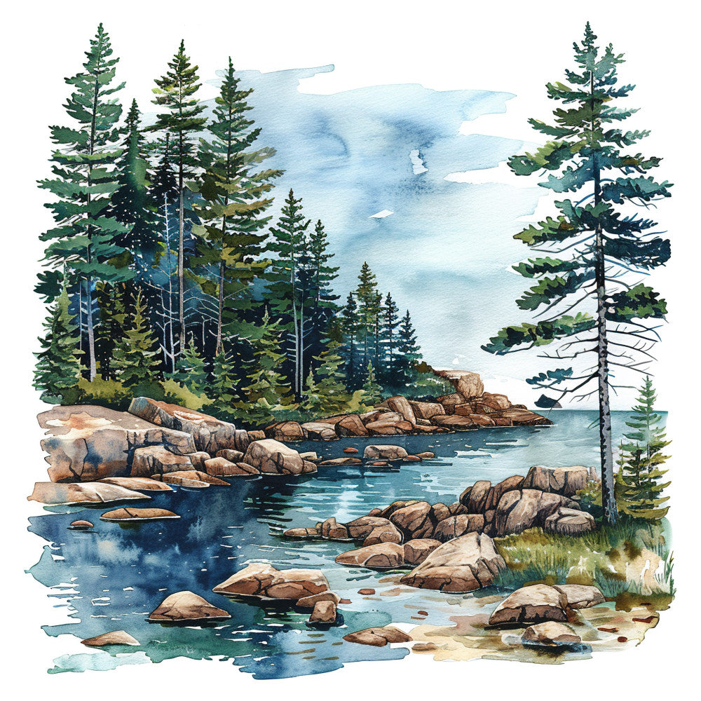 forest green, navy blue, sky blue, tan, brown, beige, cream, watercolor, landscape, nature, trees, pine trees, rocky shore, lake, water, stones, boulders, wilderness, scenic, cabin core, rustic, outdoor, mountain, peaceful, serene, nature scene, wildlife retreat, lakeside, forest lodge, traditional