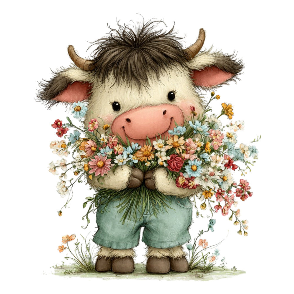 cow, bull, highland cattle, whimsical, farmhouse, spring, summer, floral, wildflowers, daisies, roses, cottage core, pastoral, animals, cute, children's, baby, nursery, sage green, cream, ivory, pink, coral, yellow, gold, rust, charming, storybook, folk art, vintage