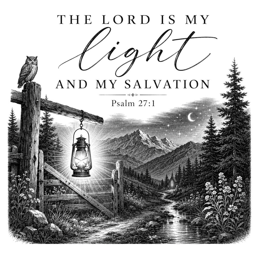 black and white, monochrome, grayscale, nature, landscape, mountains, forest, trees, scripture, religious, inspirational, spiritual, psalm, vintage, engraving, etching, rustic, woodland, night sky, moon, stars, celestial, lantern, owl, cabin, river, wildflowers, traditional, elegant, contemplative