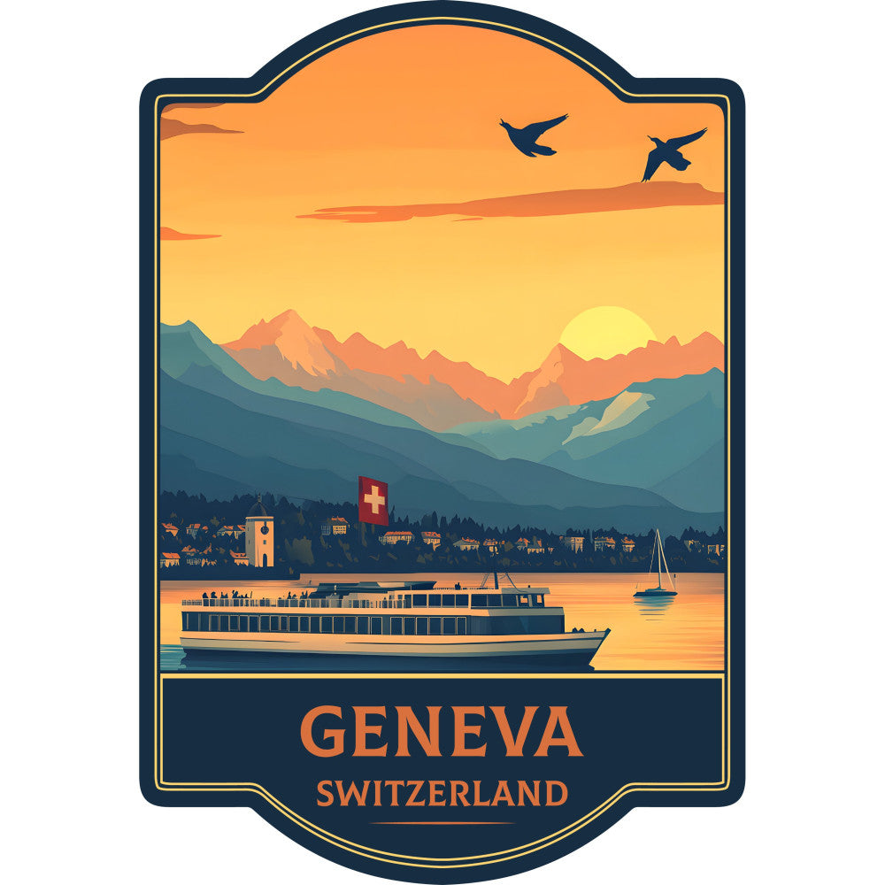 geneva, switzerland, travel, vintage travel poster, landscape, mountains, sunset, golden hour, lake, sailboat, steamship, cruise ship, alpine scenery, swiss flag, birds, airplane, city skyline, architecture, nautical, scenic, orange, golden yellow, navy blue, teal, warm tones, retro style, mid-century modern, adventure, wanderlust, vacation
