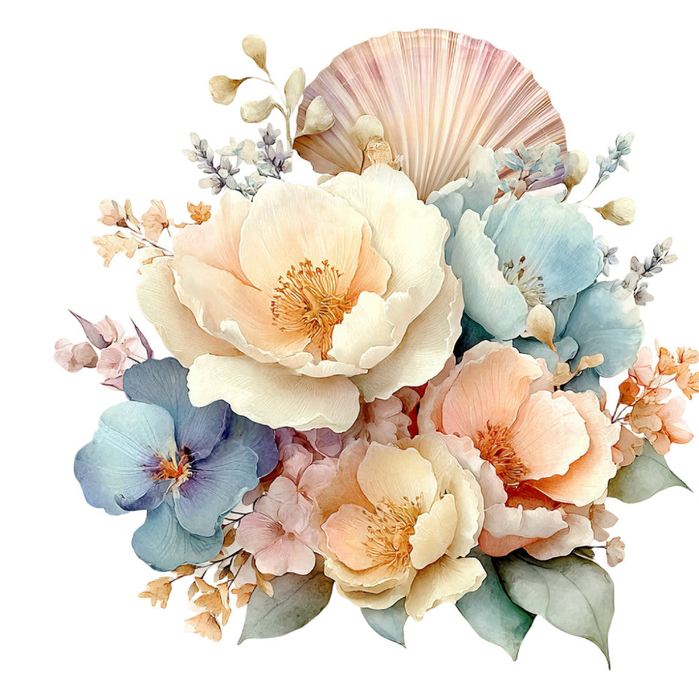 floral, watercolor, peonies, roses, cream, blush pink, peachy orange, dusty blue, sage green, soft pastels, botanical, nature, elegant, romantic, vintage, spring, summer, garden flowers, layered blooms, delicate, feminine, traditional, botanical illustration, mixed florals, soft colors, muted tones, artistic, hand-painted style, wall hanging, home decor