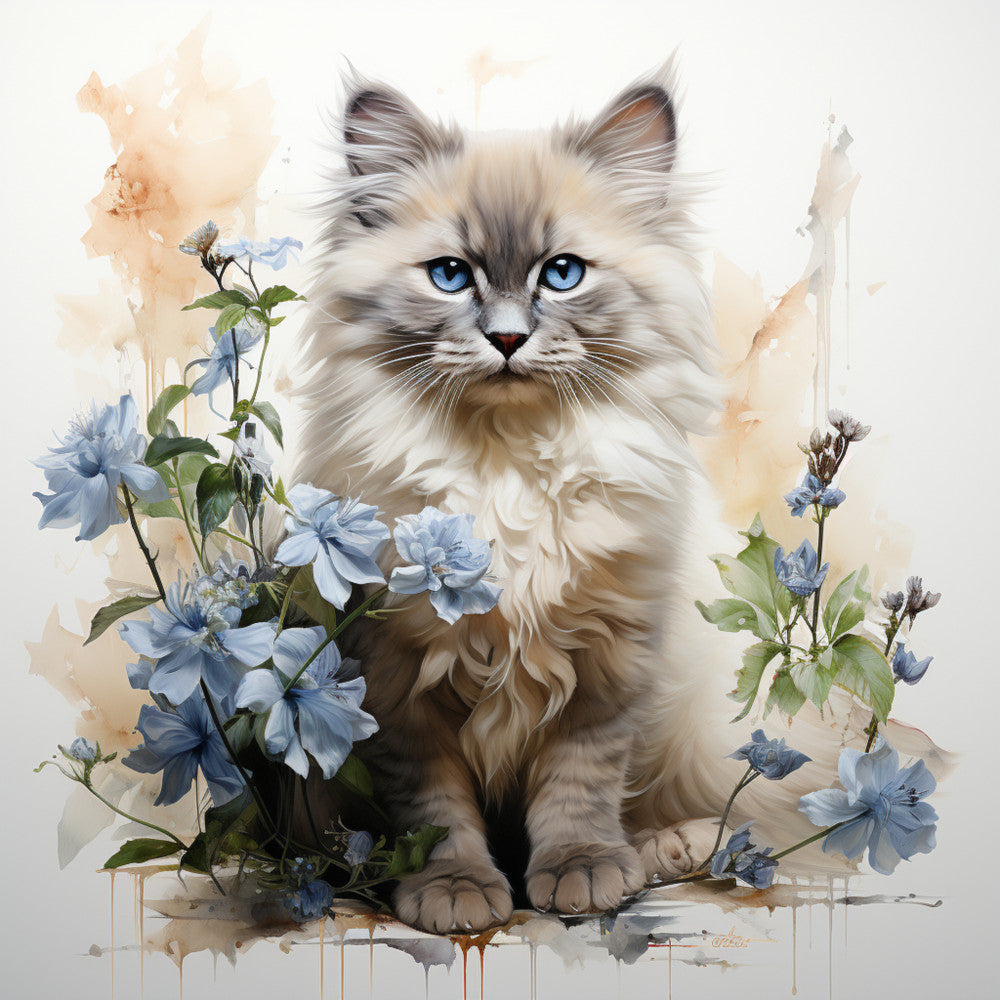 Watercolor Cats with Flowers Fabric Panel 13 features a detailed fluffy cat with blue eyes surrounded by soft blue flowers.