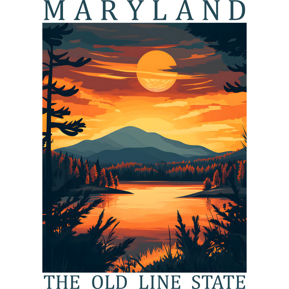 orange sunset, mountain landscape, lake reflection, silhouette trees, autumn colors, wilderness scene, fabric panel, quilting cotton, nature artwork, golden sky, forest silhouettes, water scene, outdoor adventure, warm tones, scenic vista, camping theme, travel poster style, rectangular panel, craft fabric, layered mountains