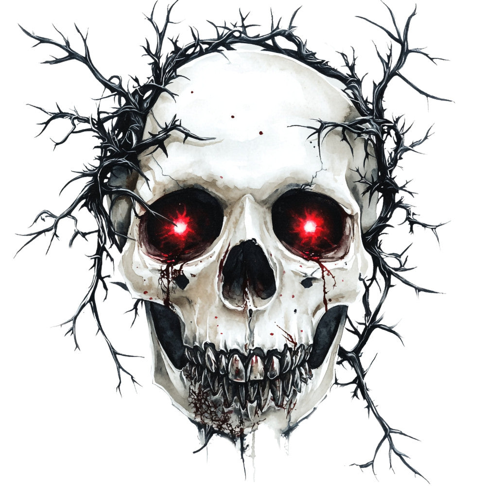 skull, skeleton, gothic, dark, red eyes, glowing eyes, spooky, halloween, horror, eerie, creepy, dead, bones, macabre, evil, sinister, dark academia, witchy, supernatural, goth, black and white, cream white, dark gray, charcoal, bone white, branches, thorns, twisted branches, death, dark fantasy