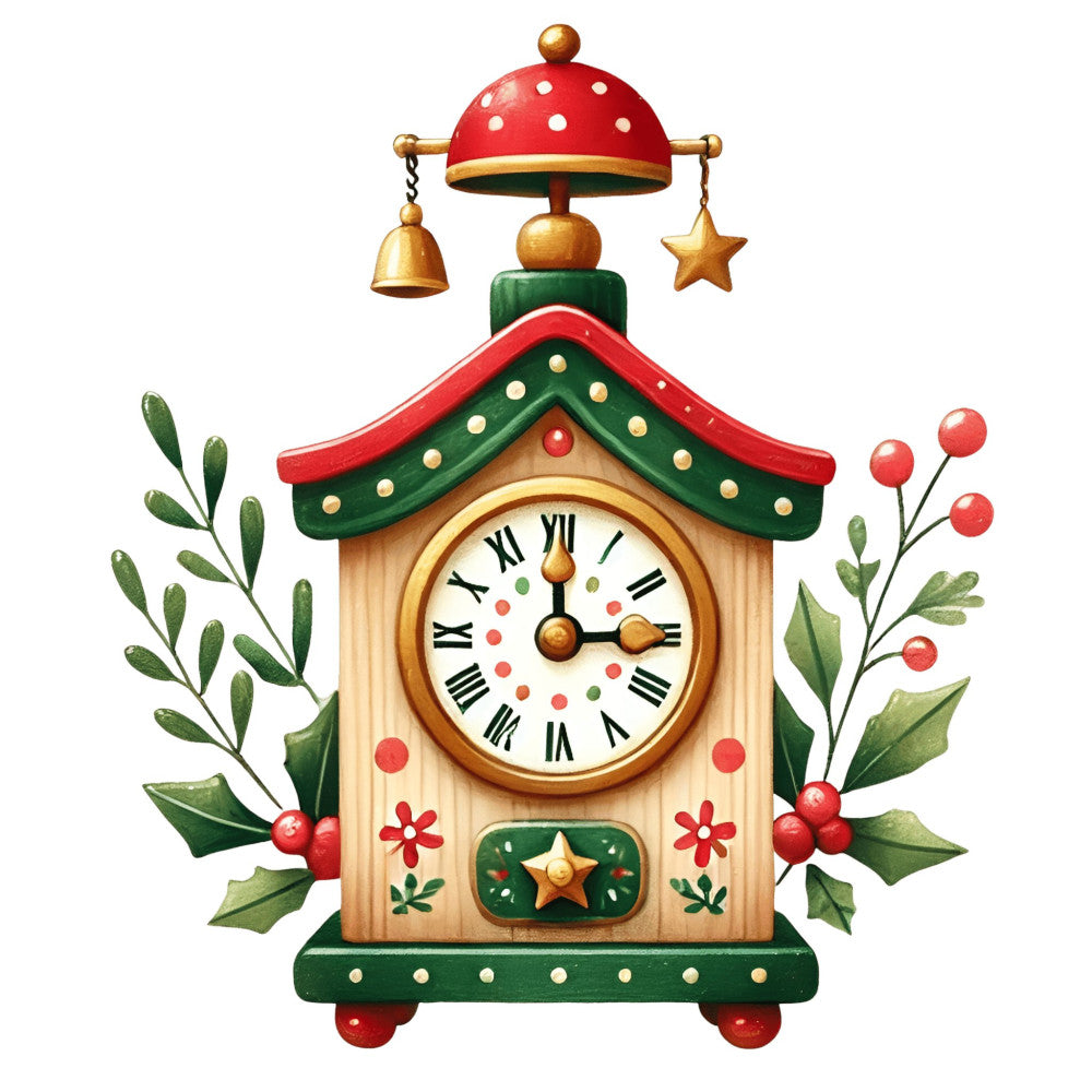 christmas, holiday, cuckoo clock, vintage, whimsical, festive, forest green, red, gold, cream, traditional, decorative, bells, stars, holly, berries, leaves, botanical, winter, seasonal, retro, charming, folk art, european, timeless, nostalgic, ornamental, nature-inspired, cottage style, hand-painted look
