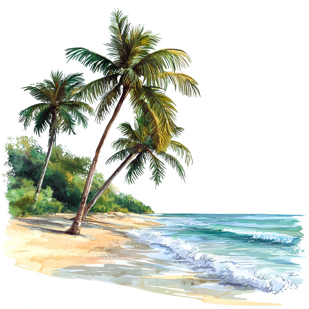 tropical beach scene, palm trees, ocean waves, sandy shore, watercolor style, turquoise water, emerald green, golden yellow, coconut palms, coastal landscape, fabric panel, quilting cotton, hawaiian theme, paradise motif, seascape design, white foam, lush vegetation, tropical foliage, beach paradise, island scenery