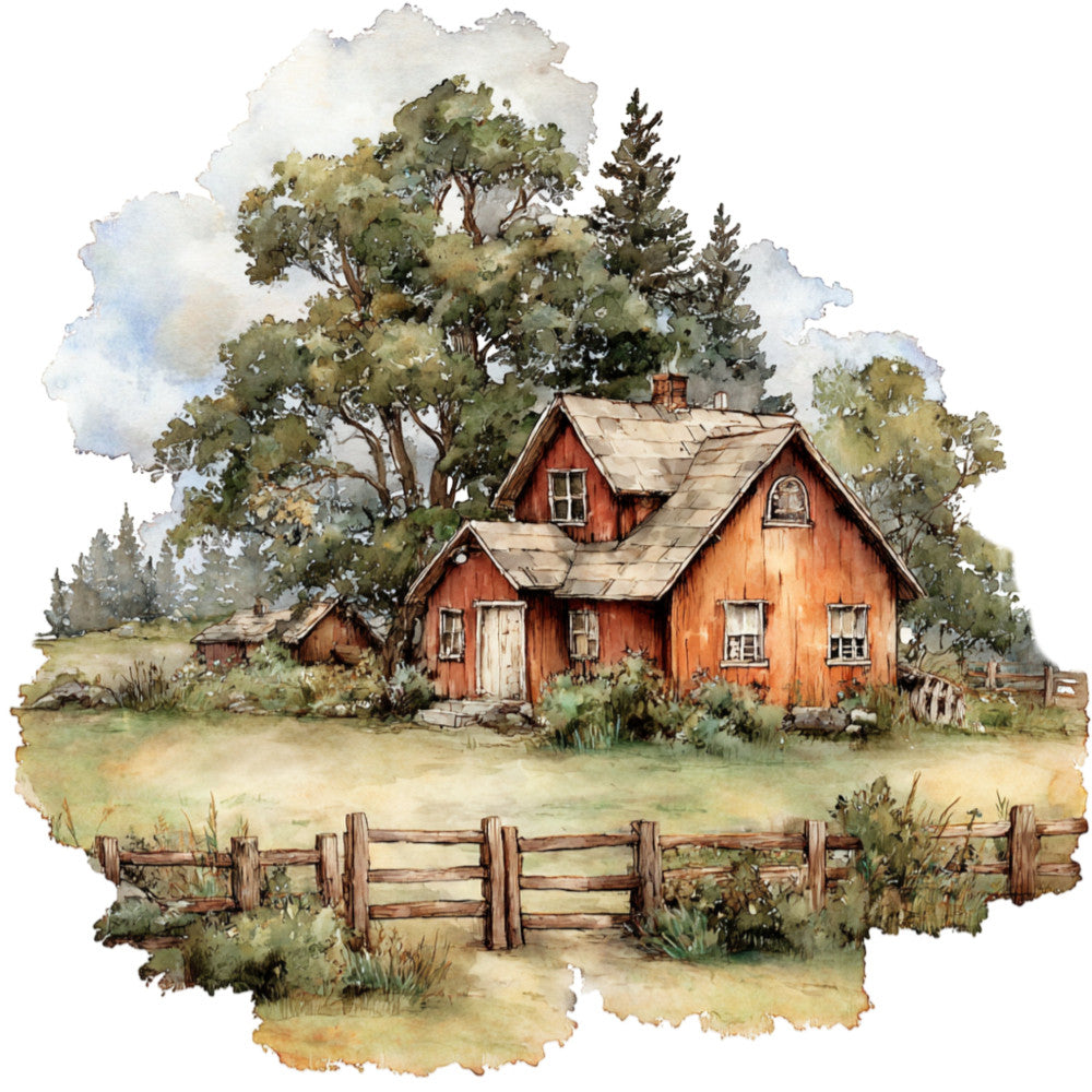 farmhouse, cottage, rustic, red barn, countryside, pastoral, vintage, country living, trees, nature scene, watercolor, cream, rust red, sage green, forest green, tan, earthy tones, wooden fence, gate, rural landscape, traditional, americana, homestead, farm life, autumn, harvest season, wall hanging, landscape panel, scenic