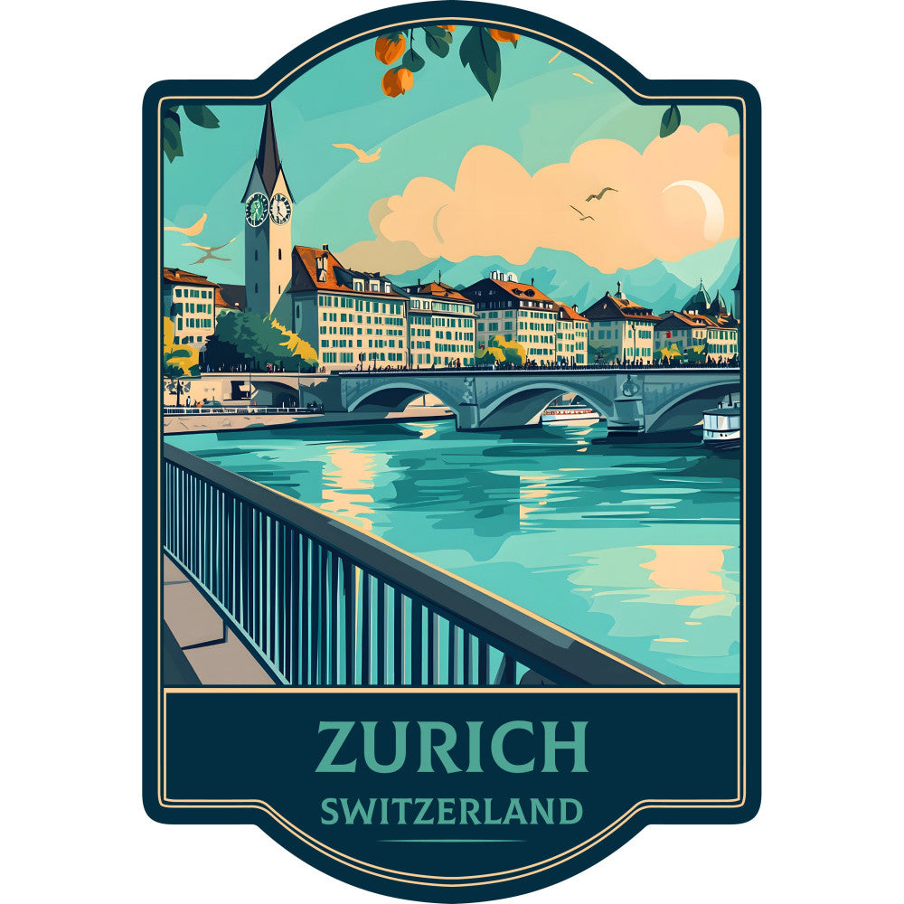zurich, switzerland, travel, vintage travel poster, architectural, cityscape, clock tower, river, bridges, turquoise blue, teal, cream, golden yellow, navy blue, orange, scenic, vintage style, retro, elegant, cultural, european, landscape, buildings, water reflection, clouds, mountains, boats, wanderlust, destination, postcard