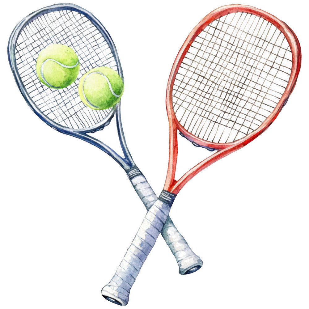 tennis, sports, athletic, rackets, balls, navy blue, red, lime green, white, cream, competitive, active, recreation, leisure, summer, match play, court sport, equipment, dual rackets, crossed rackets, yellow-green, coral red, modern, contemporary, hobby themed, games, tournament, player gifts, sports enthusiast