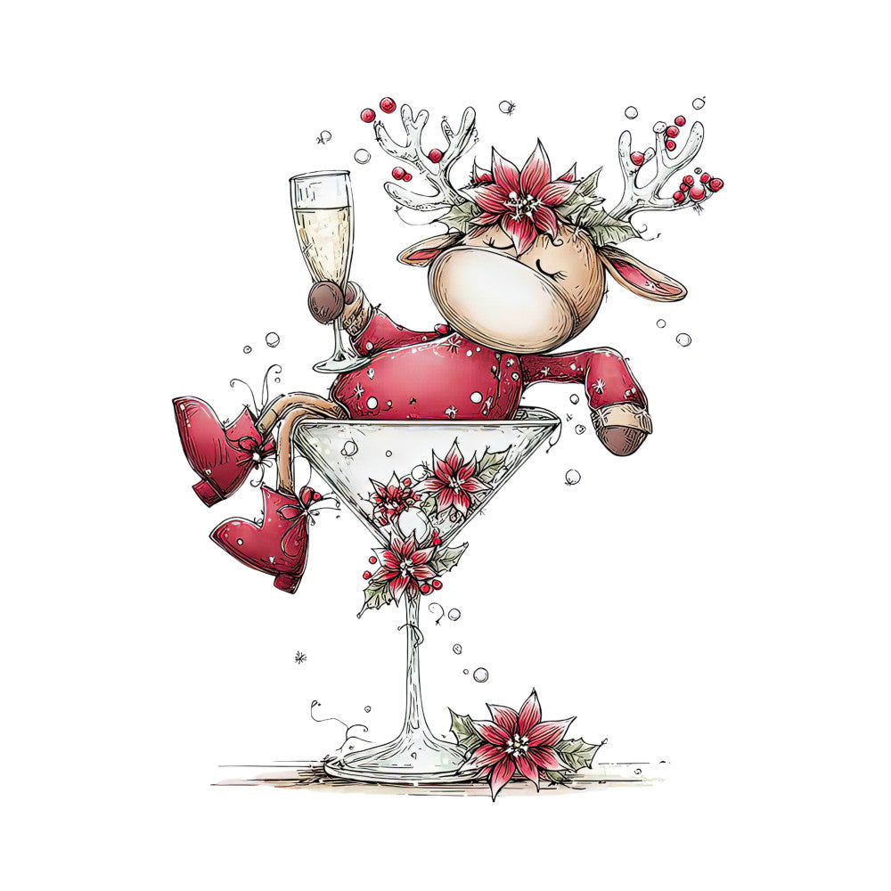 red, champagne gold, cream, white, reindeer character, cocktail glass, champagne flute, poinsettia flowers, holly berries, antlers, whimsical illustration, christmas theme, holiday design, fabric panel, quilting cotton, festive celebration, cartoon style, playful mood, winter seasonal, decorative motifs