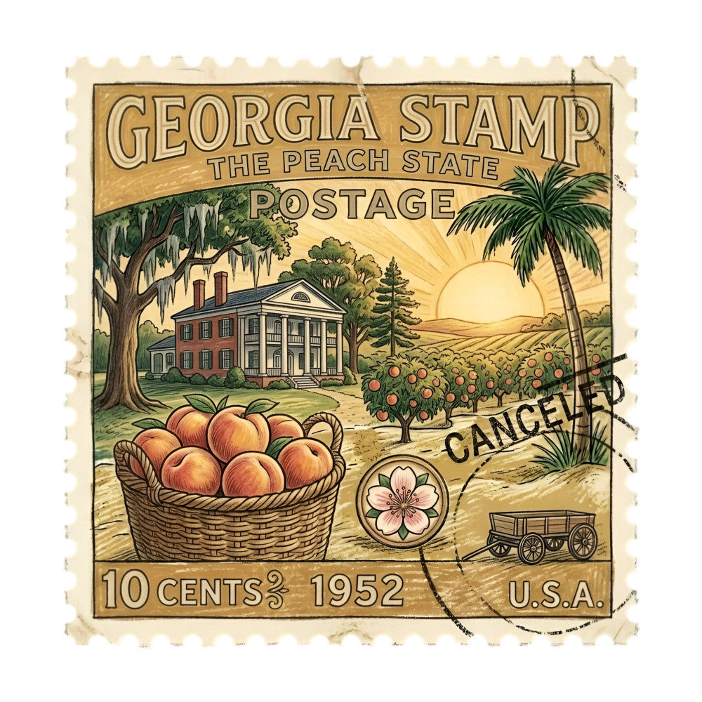vintage, georgia, peach state, postage stamp, 1952, botanical, agricultural, farmhouse, rustic, americana, cream, tan, forest green, rust orange, peachy pink, historic architecture, colonial style, basket of peaches, palm tree, oak tree, sunset, pastoral landscape, orchard, traditional, antique, heritage, travel theme, cottage core, nostalgic, retro