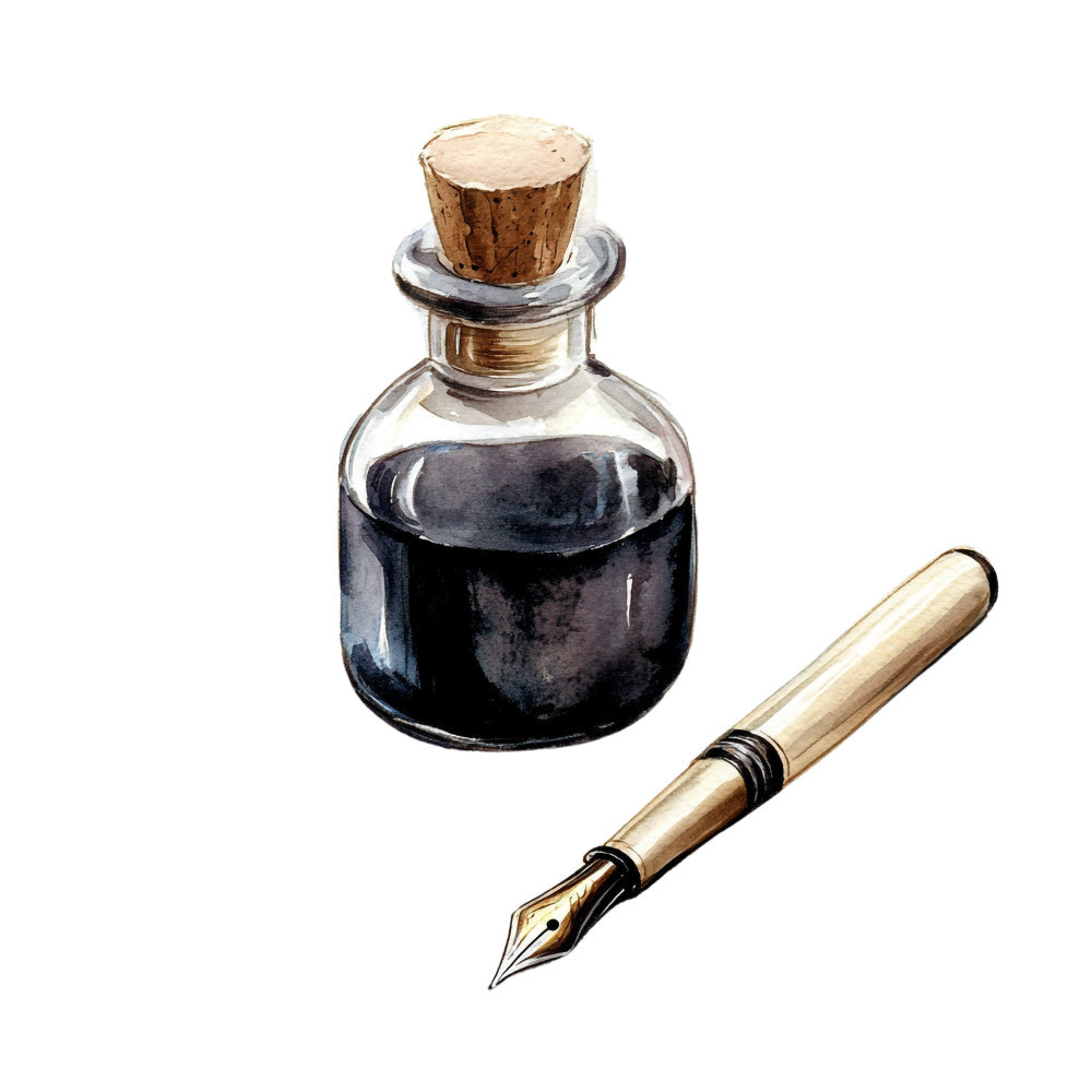 ink bottle, fountain pen, black ink, cork stopper, glass bottle, writing supplies, artist tools, watercolor illustration, cream background, golden pen, vintage style, stationery theme, calligraphy tools, fabric panel, quilting cotton, craft supplies, artistic mood, pen and ink, writer's accessories, creative arts