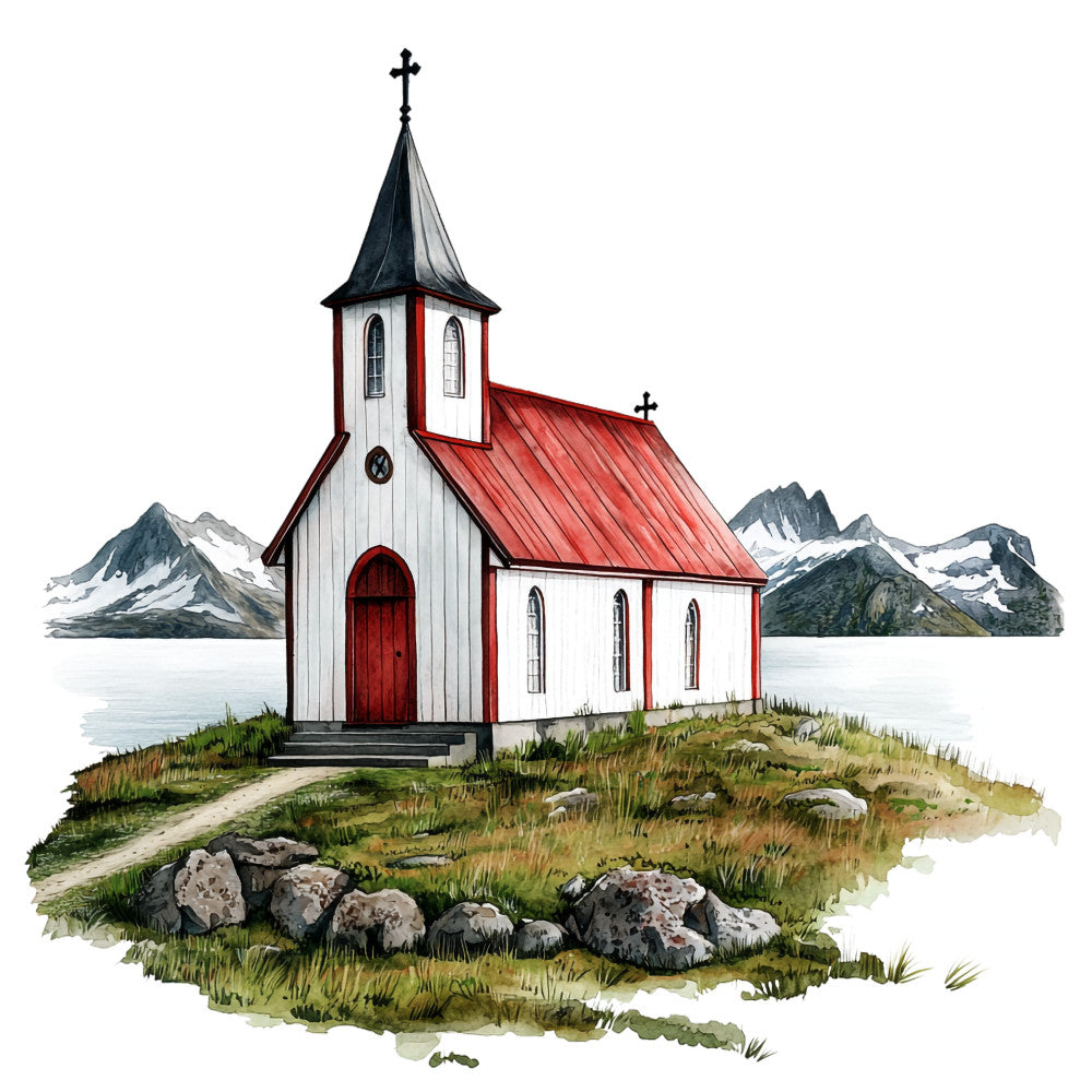 white church, red roof, bell tower, cross, mountains, snow peaks, watercolor style, scenic landscape, nordic architecture, grassy hillside, rocky terrain, path, fjord, coastal setting, fabric panel, quilting cotton, serene mood, religious building, european countryside, pastoral scene