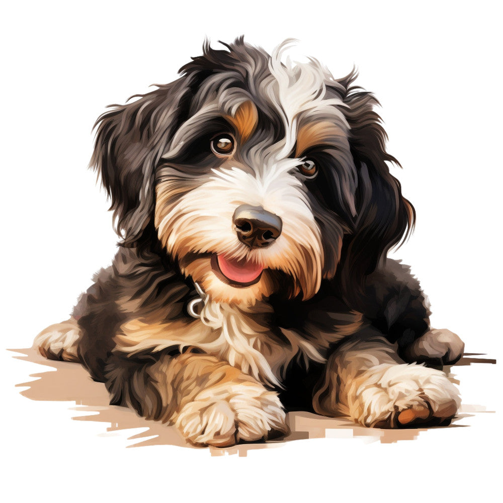 dog, puppy, doodle, bernedoodle, labradoodle, goldendoodle, cute animals, pet portrait, animal lovers, black and white, tan, cream, rust, brown, amber eyes, happy expression, smiling dog, playful, whimsical, children's, kids, nursery, animal themed, portrait illustration, dog lovers, family friendly, charming, adorable, illustrated animals