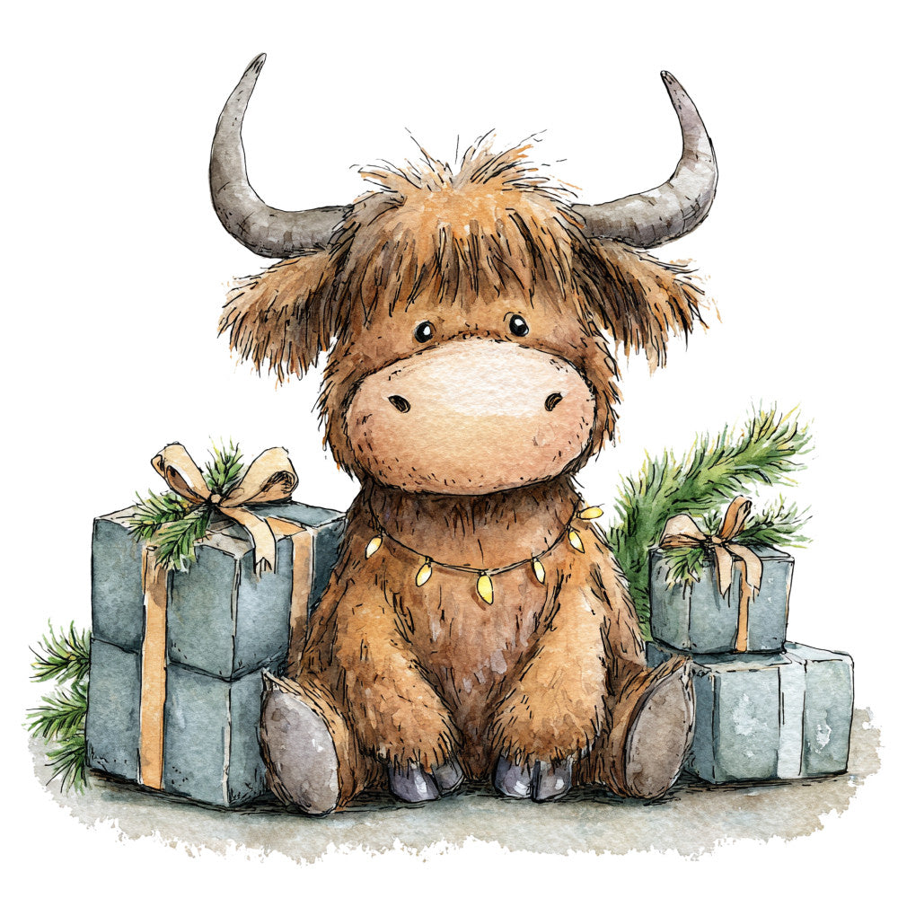 Vintage Christmas Highland Cows Fabric Panel 27