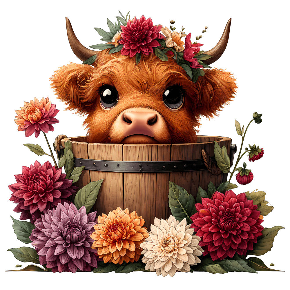 Cute Highland Cows in Buckets Fabric Panel 8 featuring a charming calf peeking from a wooden bucket surrounded by colorful flowers.