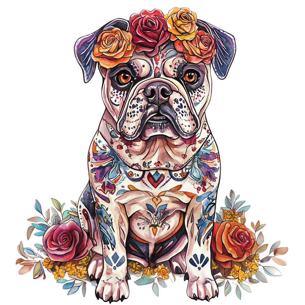 dog, boxer, floral, roses, flowers, bohemian, whimsical, colorful, multi-color, orange, gold, burgundy, coral, purple, blue, red, sugar skull, day of the dead, decorative, artistic, animal portrait, heart motif, botanical, leaves, folk art, boho style, vibrant, festive, wall hanging, home decor
