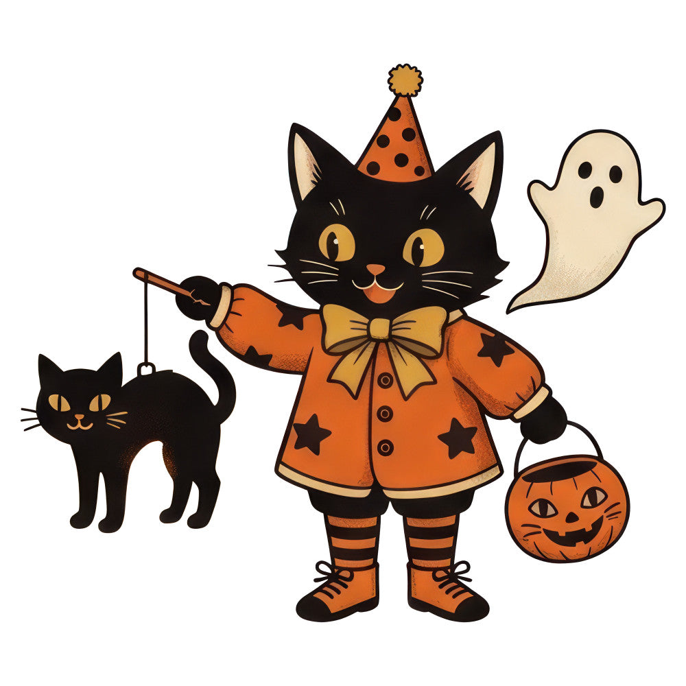 halloween, black cat, orange, pumpkin, ghost, party hat, party costume, trick or treat, fall, autumn, spooky, whimsical, playful, festive, holiday, children's, cute, stars, bow tie, jack-o-lantern, black and orange, cream, seasonal, fun, decorative, charming, classic halloween, vintage halloween, novelty