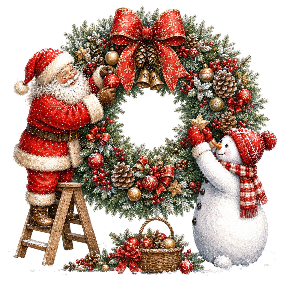 christmas, holiday, santa, snowman, wreath, red, cream, gold, green, festive, traditional, whimsical, vintage, elegant, seasonal, winter, pine cones, bells, ornaments, ribbon bow, stars, berries, rustic, decorative, nostalgic, snow, red and gold, evergreen, winter scene, holiday theme