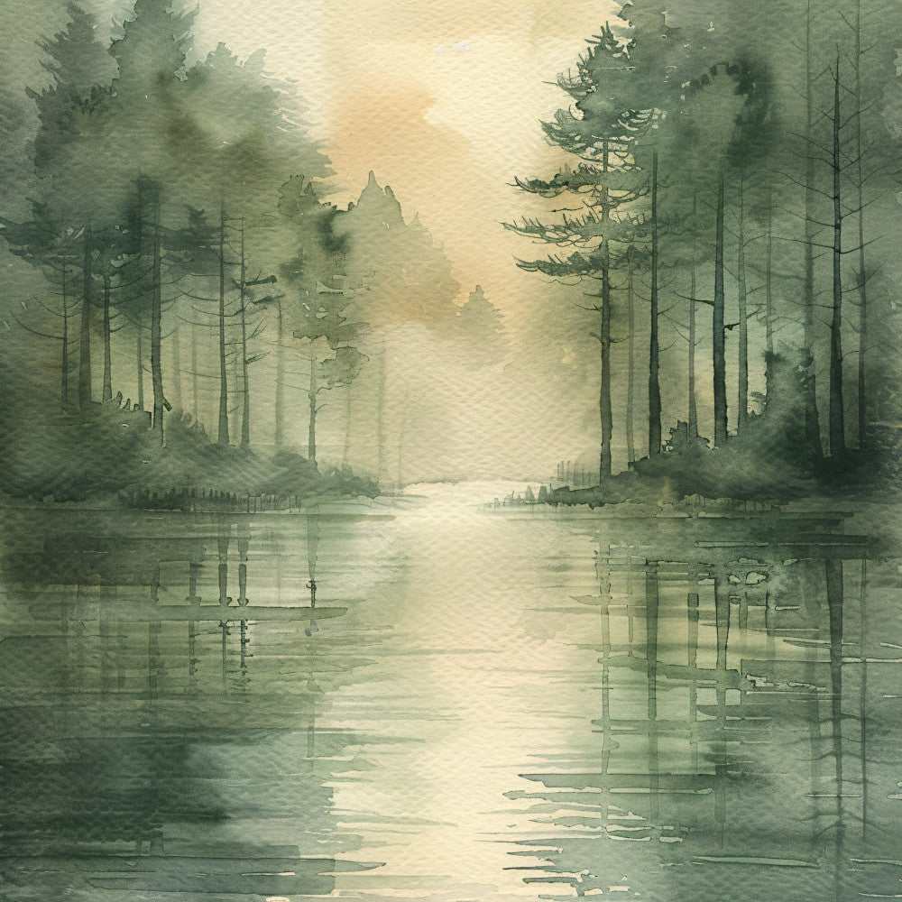 forest green, sage green, soft green, muted green, cream, ivory, pale yellow, watercolor, landscape, nature, trees, forest, woodland, lake, water, reflection, misty, foggy, serene, peaceful, calm, tranquil, rustic, natural, scenic, outdoor, ethereal, soft, dreamy, elegant