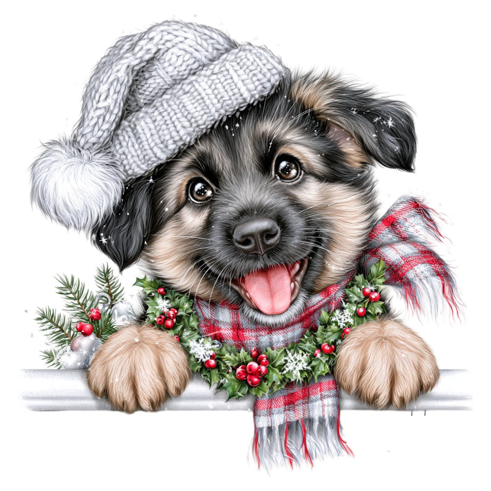 dog, puppy, holiday, christmas, winter, festive, red plaid, gray, black, white, tan, cream, evergreen, holly, berries, knit hat, sweater, cute animals, whimsical, cheerful, seasonal, decorative, children's, family-friendly, snow, cozy, plaid pattern, tartan, pet lover, animal portrait
