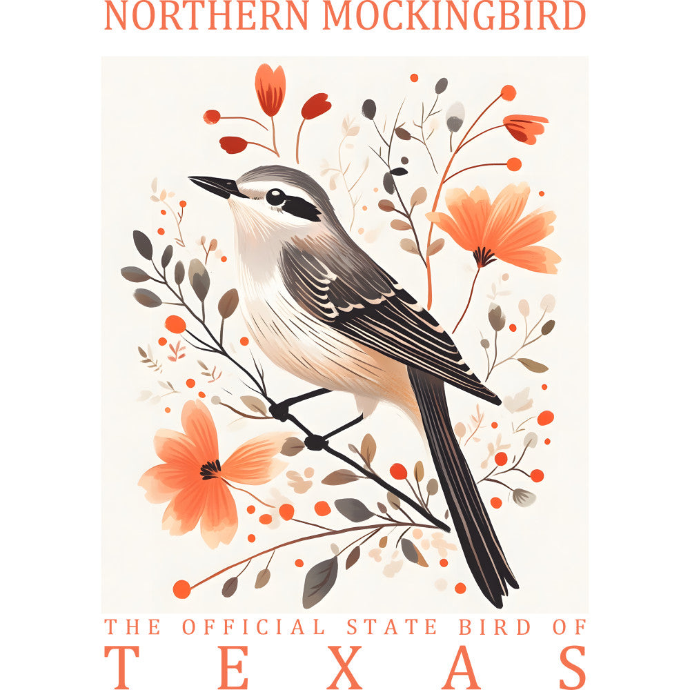 northern mockingbird, state bird, texas, coral orange, beige, brown, gray, botanical florals, decorative branches, berries, leaves, bird illustration, nature design, fabric panel, quilting cotton, spring flowers, wildlife motif, soft pastels, whimsical art style, floral elements