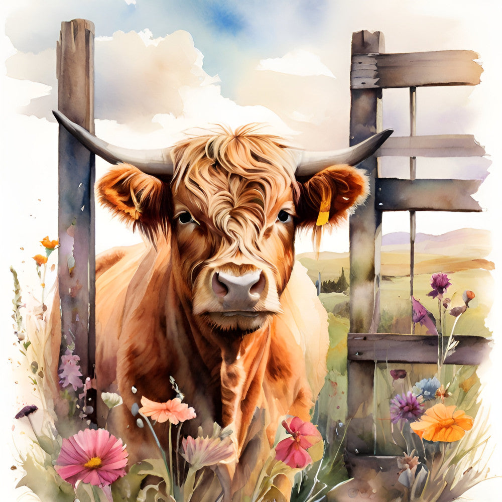 highland cattle, brown cow, tan, cream, golden brown, rust, burgundy, floral, wildflowers, daisies, pink flowers, purple flowers, yellow flowers, farmhouse, rustic, country, pastoral, meadow, countryside, landscape, nature, animals, livestock, wooden fence, spring, summer, whimsical, folk art, cottage core, garden