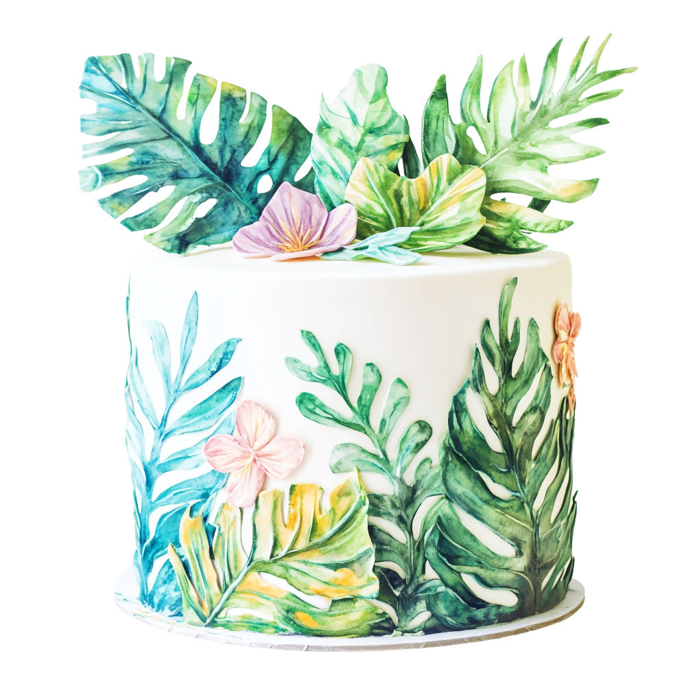 tropical cake design, monstera leaves, botanical illustration, watercolor floral, pastel pink flowers, sage green, teal blue, cream white, yellow accents, coral flowers, palm fronds, fern leaves, nature inspired, bohemian style, tropical theme, modern botanical, watercolor painting, layered leaves, delicate flowers, summer vibes, garden design, organic shapes, artistic style, jungle leaves, botanical art, spring flowers, elegant tropical, painted leaves, soft pastels, nature motifs