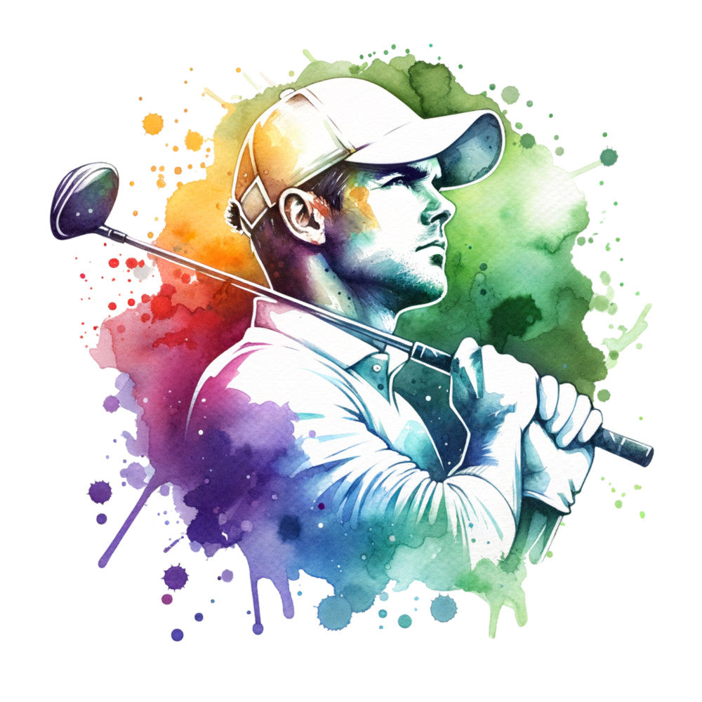 watercolor, golf player, sports fabric, fabric panel, quilting cotton, rainbow colors, purple, blue, green, orange, yellow, paint splashes, athletic theme, golfer silhouette, abstract background, colorful artwork, sports motif, watercolor effect, golf club, cotton panel