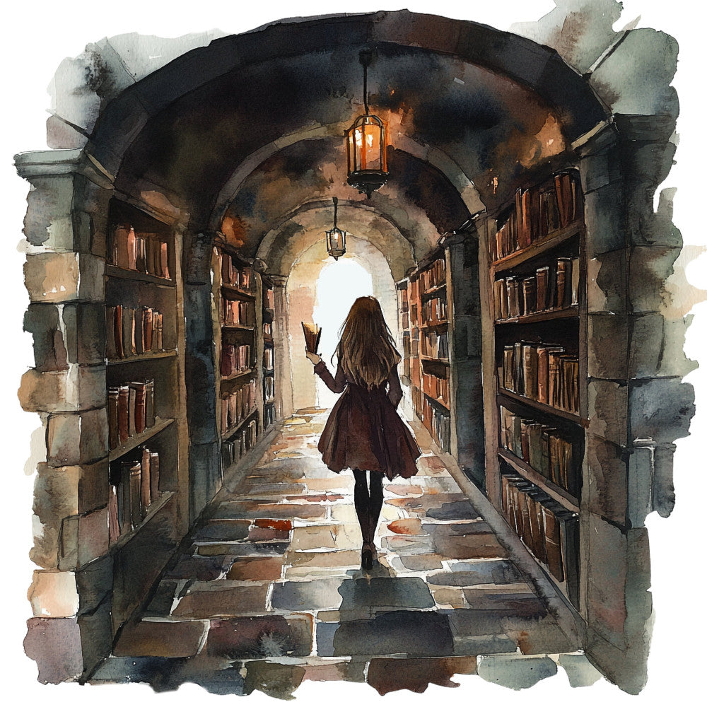 library, books, archway, tunnel, vintage, gothic, steampunk, fantasy, literary, dark academia, brown, cream, gold, charcoal gray, sage green, rust orange, illustrated, architectural, girl reading, lanterns, stone arch, moody, mysterious, elegant, whimsical, wall art, book lover, intellectual, adventure, magical realism
