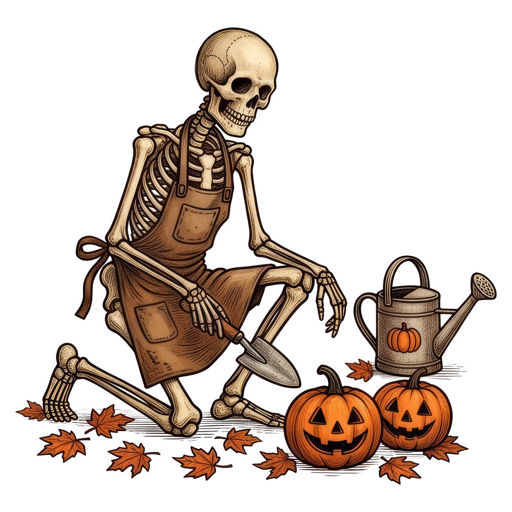 skeleton, halloween, autumn, fall, pumpkin, jack-o-lantern, watering can, leaves, maple leaves, harvest, tan, cream, orange, brown, rust, tan bones, spooky, whimsical, vintage, rustic, botanical, gardening, seasonal, holiday, trick-or-treat, costume, festive, earthy tones