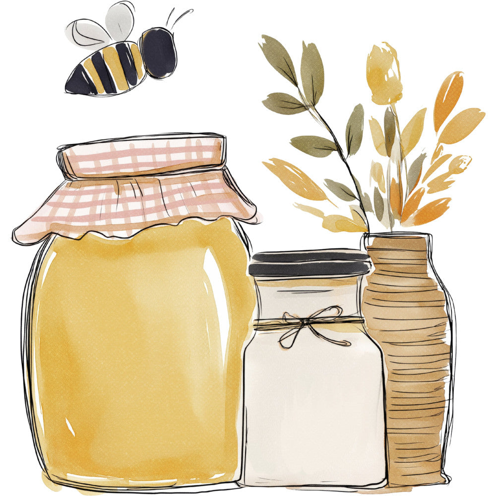 honey bee, bumblebee, yellow, cream, soft yellow, pale yellow, sage green, olive green, tan, beige, natural, rustic, farmhouse, cottagecore, nature, botanical, flowers, dried flowers, tulips, wildflowers, spring, summer, whimsical, vintage, country, jar, mason jar, honey pot, preserved flowers, garden