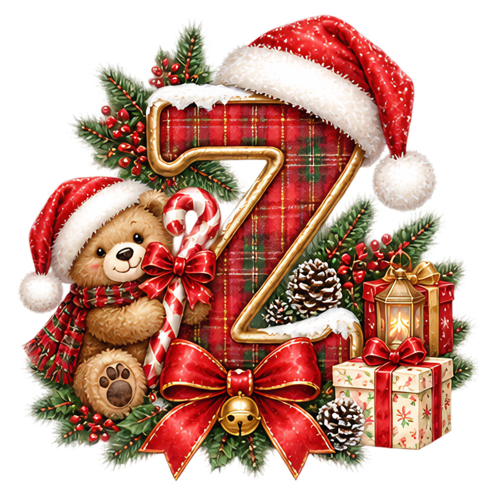 christmas, holiday, teddy bear, santa hat, red plaid, tartan, gold accents, candy cane, pine cones, holly berries, evergreen, festive, whimsical, traditional, red and green, gold trim, presents, gift boxes, lantern, bell, red bow, winter, seasonal, plaid pattern, vintage christmas, cozy, warm tones, children's theme, nostalgic