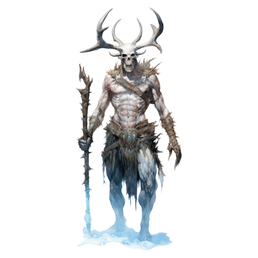 skull, skeleton, deer antlers, fantasy, dark fantasy, gothic, supernatural, mystical, winter, frost, icy blue, pale gray, bone white, charcoal gray, blue tones, ethereal, spooky, horror, dark art, creature, monster, magical, otherworldly, fantasy character, dramatic, moody, winter palette, frozen, ice effects