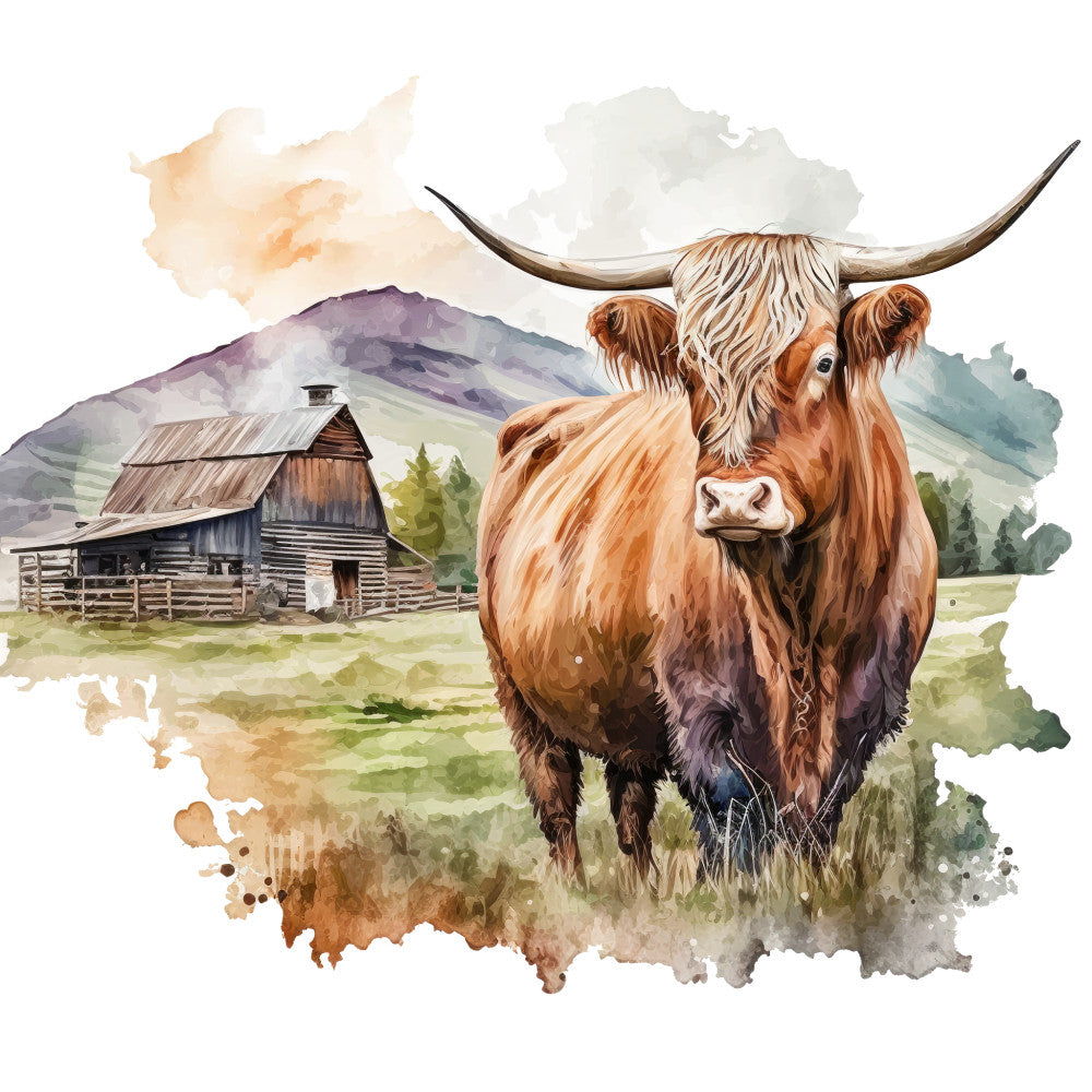 Watercolor Highland Cows Fabric Panel 6 featuring a detailed highland cow in a rustic farm landscape scene in premium quilting cotton.